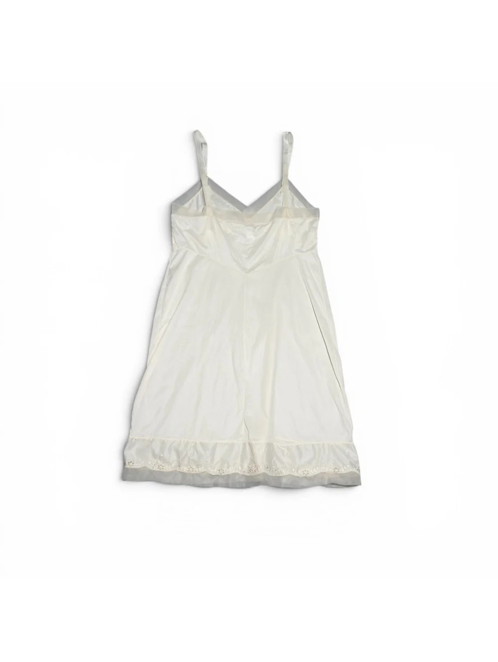 Vintage Ivory Nylon Slip Dress with Embroidered Hem and Contrast Trim